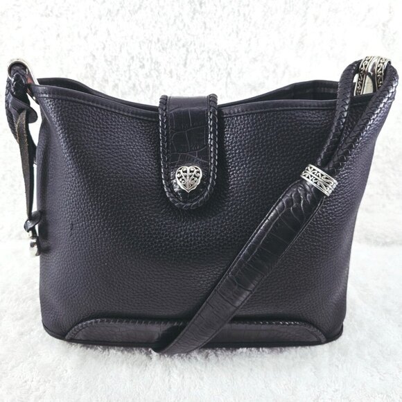 BRIGHTON Black Pebble and Black Croc Embossed Leather Shoulder Bag Braided Strap - Picture 2 of 16
